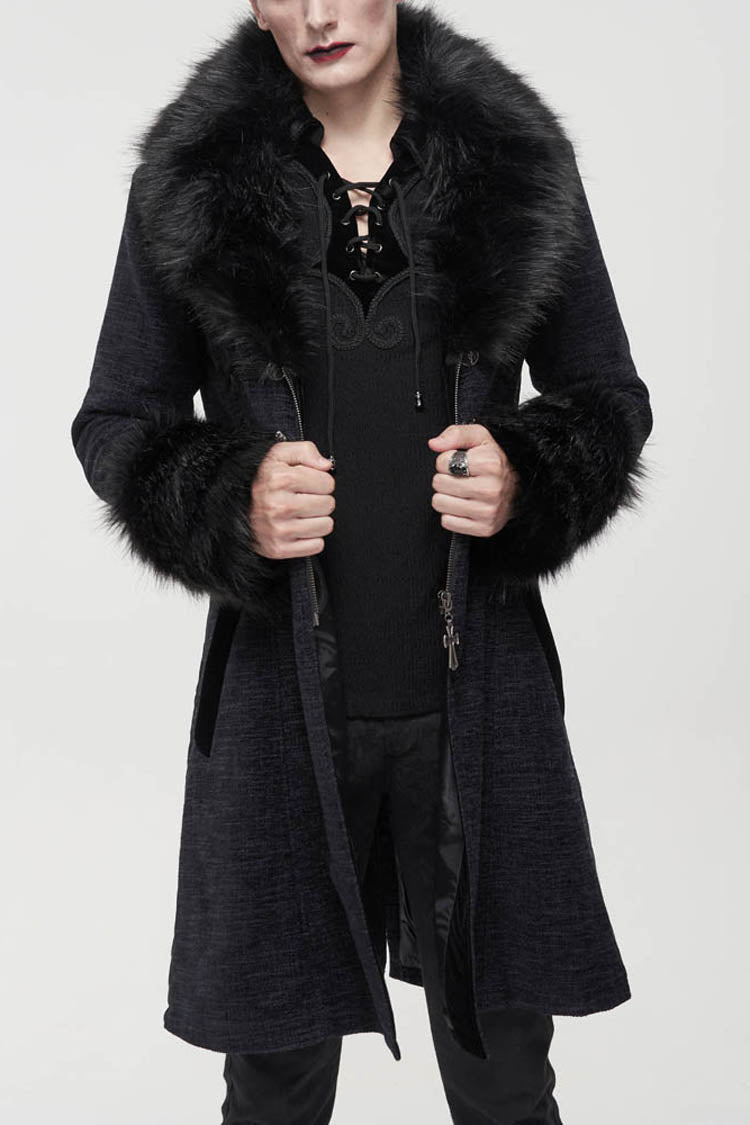 Gothic Men's Coat with Removable Fur Collar, Button Accents