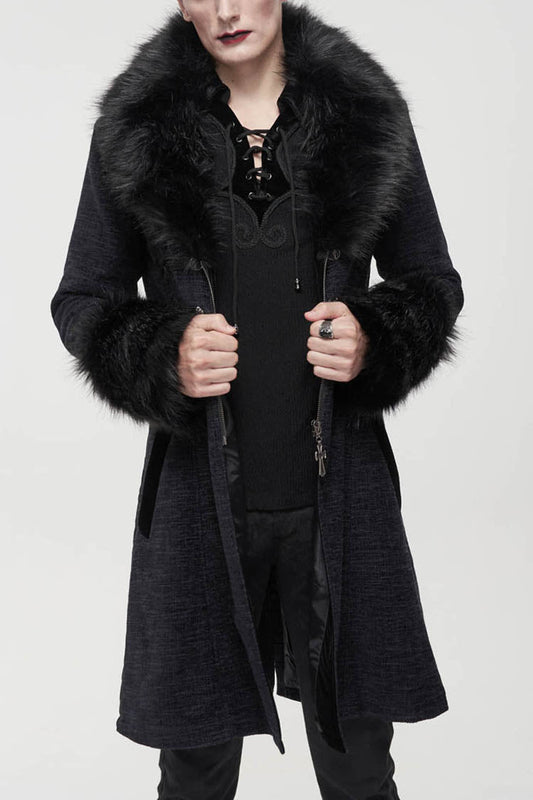 Gothic Men's Coat with Removable Fur Collar, Button Accents