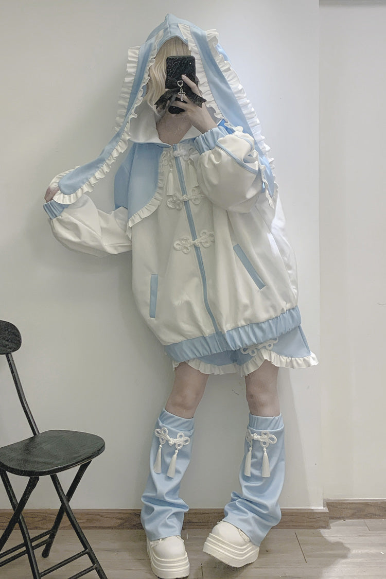 Ivory and Blue Bunny-Eared Hooded Ruffle Jacket - Jirai Style