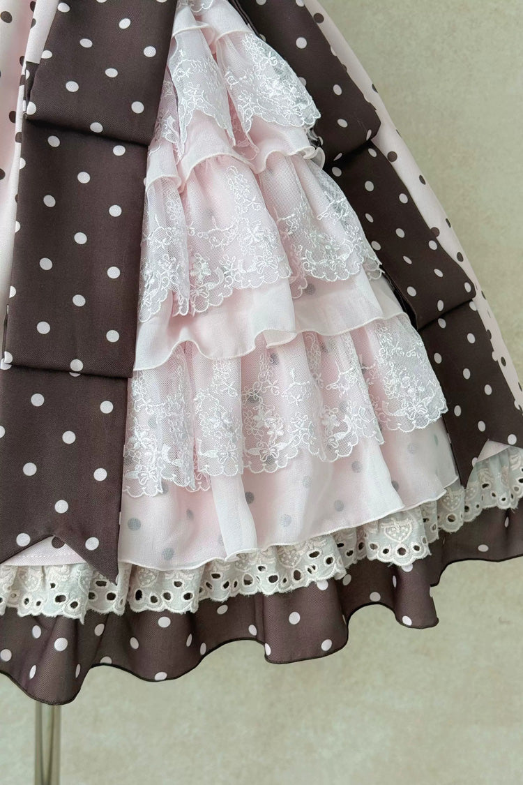 Canelé Gift Box Round Collar Short Sleeves Double-Layered Printed Polka Dot Ruffled Open-Front Bow Asymmetric Sweet Lolita Dress V2 - Pink