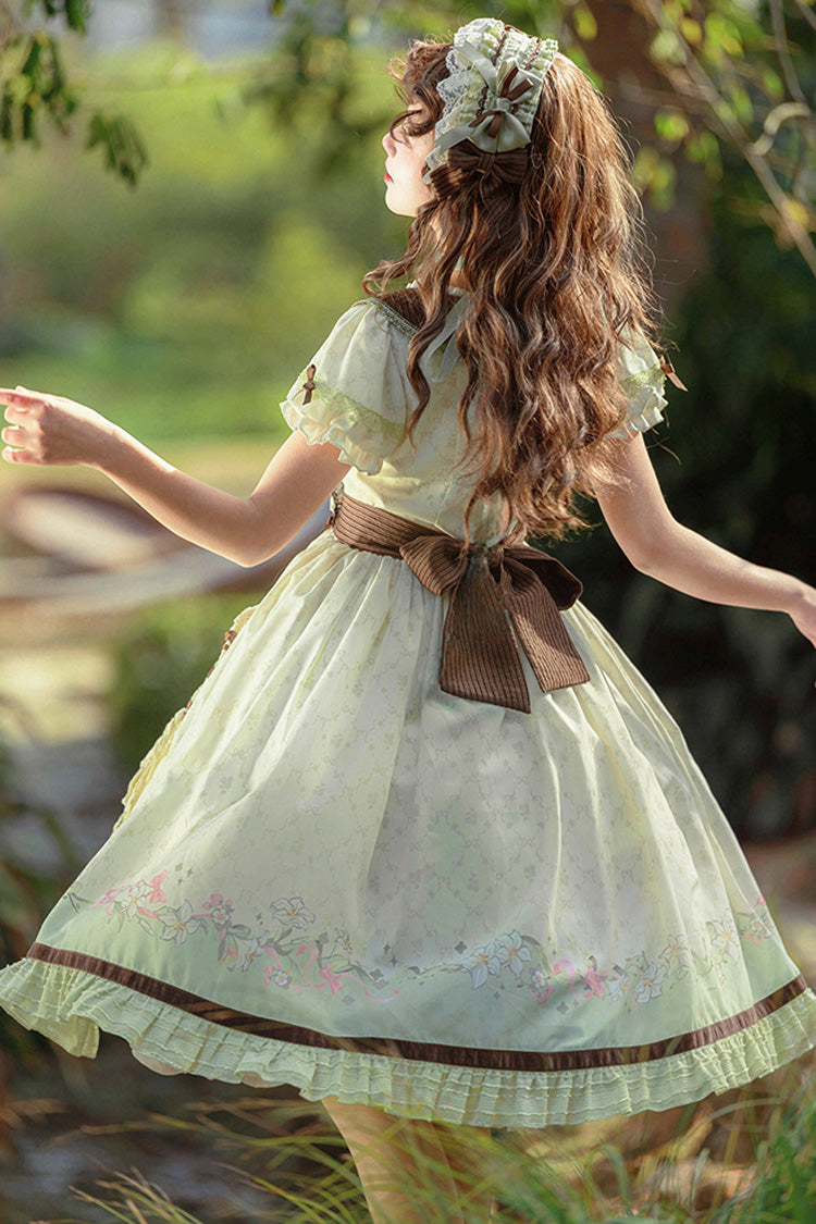 Green Ivory Lily Short Sleeve Print Ruffle Embroidery Bow Lace Sweet Dress