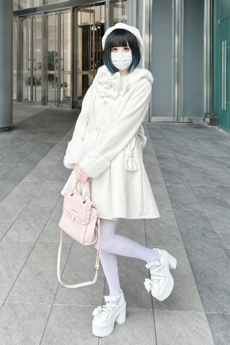 Snow Plush Thickened Long-Sleeve Bowknot Sweet Lolita Coat, Two Shades
