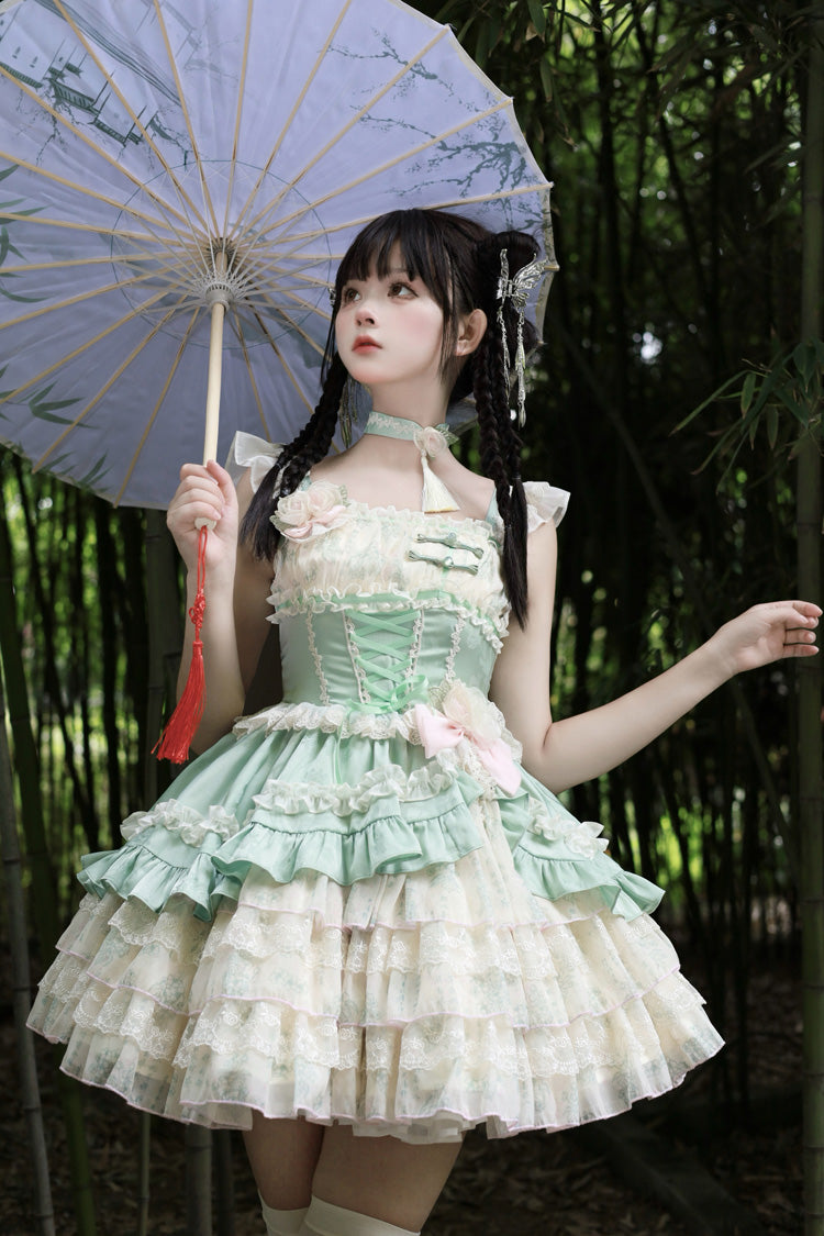 Ancient Poetry Printed Multi-Layer Sweet Lolita Tiered Dress - Chinese Style