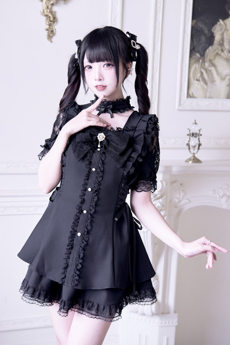 Waltz Bow Gothic Short-Sleeve Jirai Kei Dress Set - Black