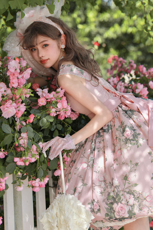 Floral V-Neck Sleeveless JSK with Ruffles in Pink