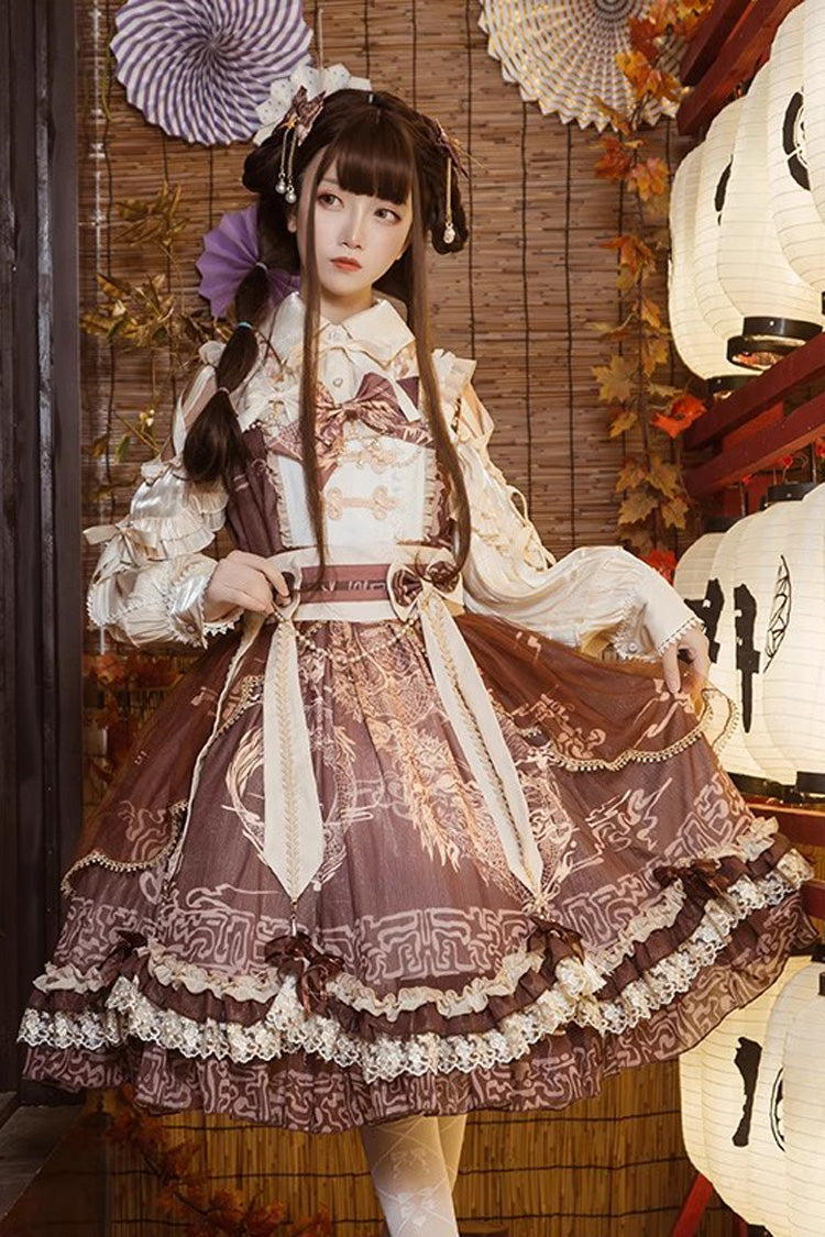 Brown Print Ruffle Lace Sweet Chinese Lolita Jsk Dress