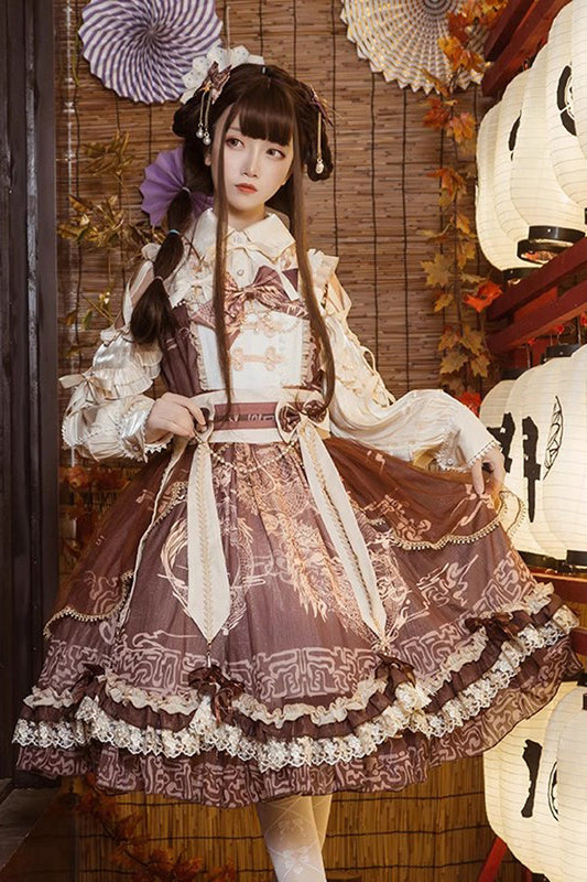 Brown Print Ruffle Lace Sweet Chinese Lolita Jsk Dress