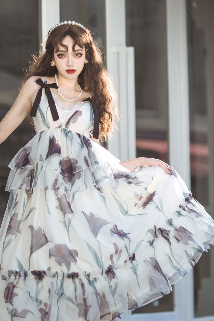 Ivory V-Neck Sleeveless Layered Bow Print Sweet Lolita JSK