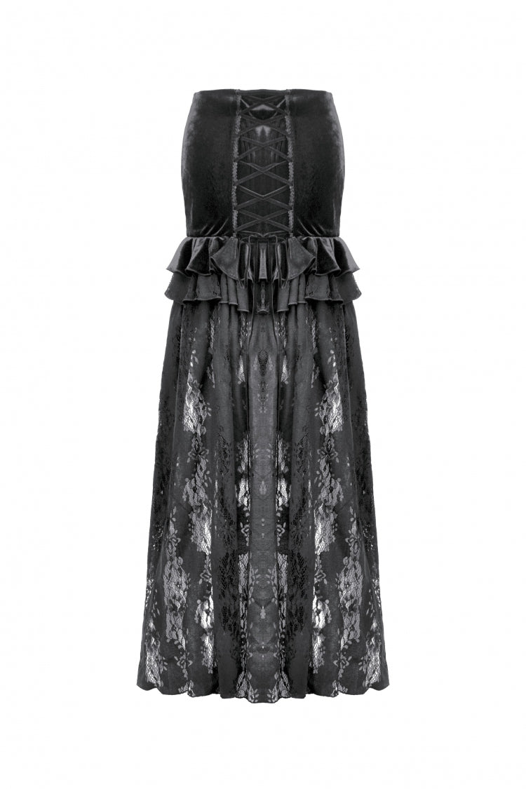 Gothic Velvet Long Skirt with Lace and Lace-Up, Black