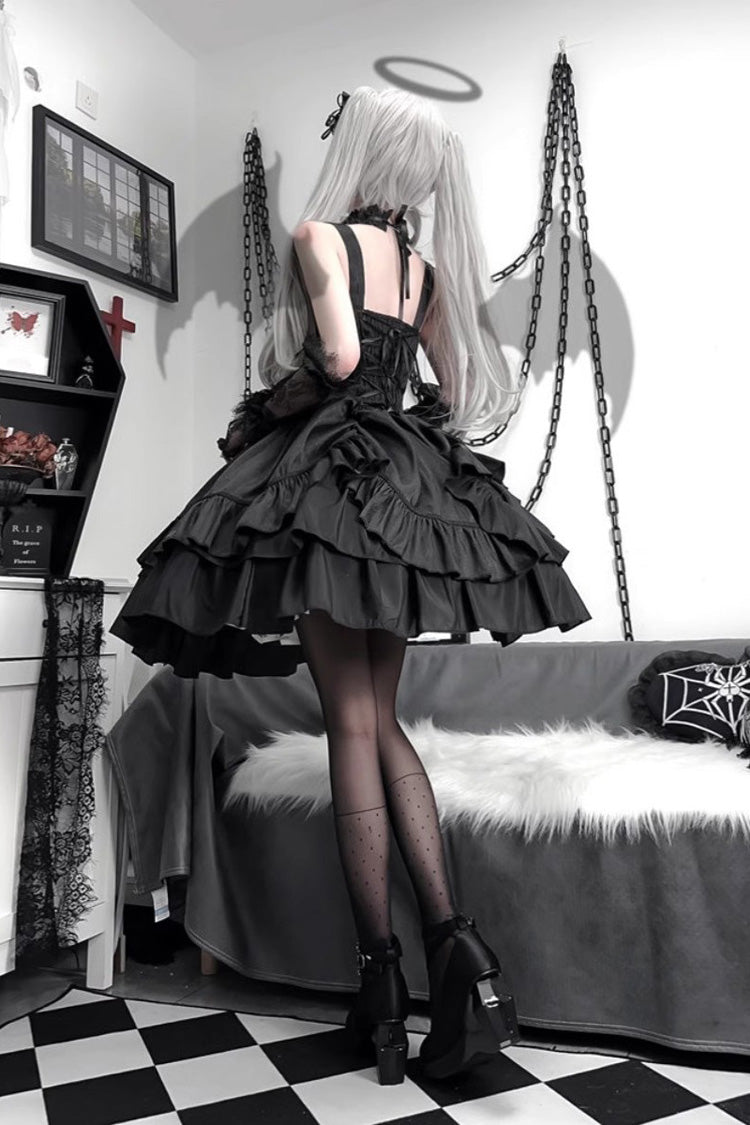 Triple-Layered Lace-Up Gothic Skirt Set in Black