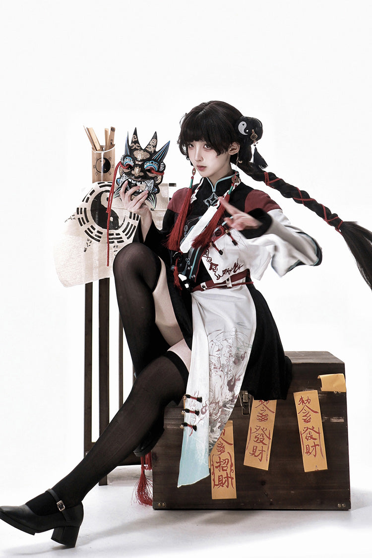 Multi-Color Asymmetric Chinese Ouji Skirt with Demon Print - Walking With The Demon