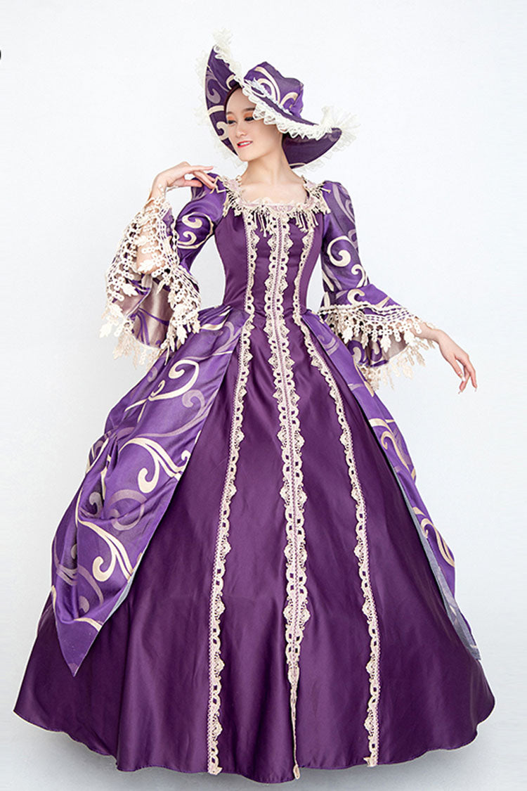 Violet Puffed-Sleeve High-Rise Floral Print Antique Gown
