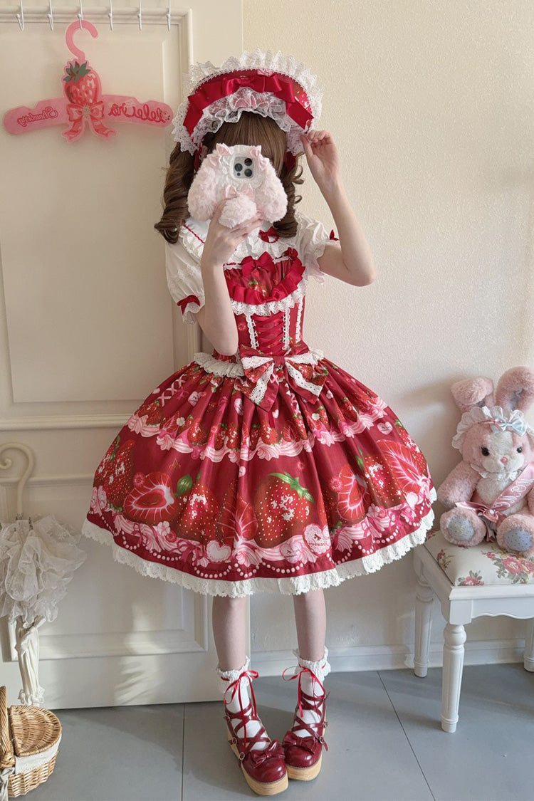 Strawberry Print Ruffled Bow Lace Sweet Lolita JSK