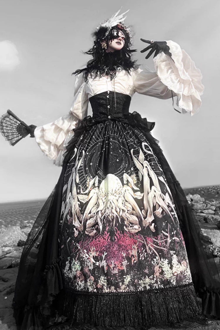 Black Reborn Ancient God Long Hime Sleeve Print Lace Gothic Lolita Skirt Set