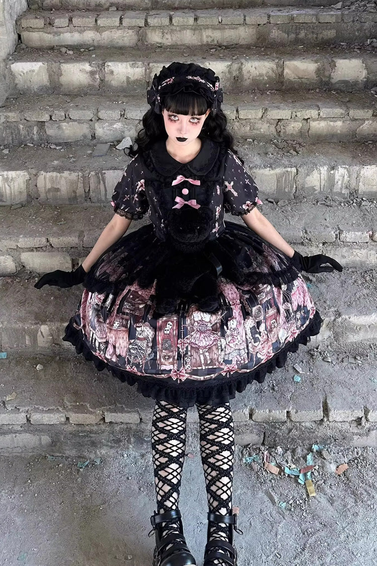 Black Missing Lamb Printed Long Sleeved Ruffled Bow Lace Gothic Lolita Dress