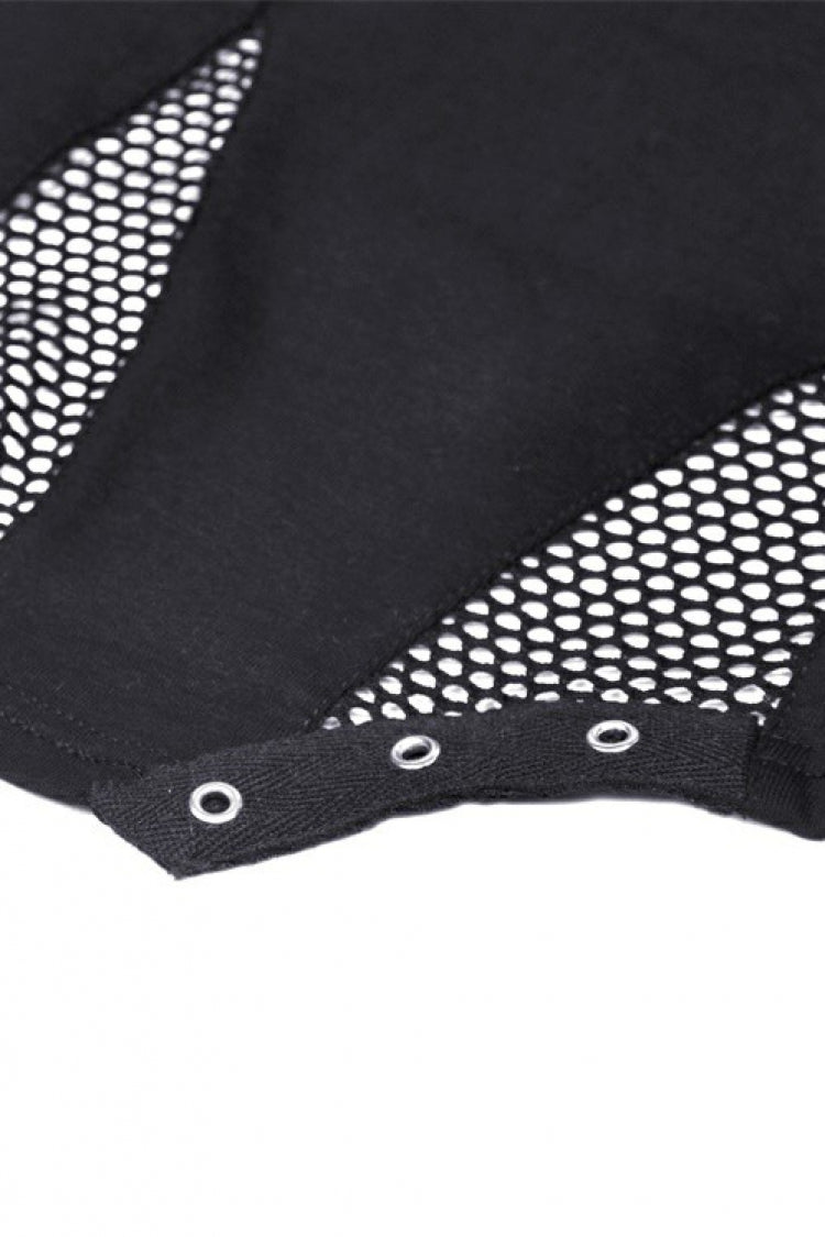 Trendy Black Eyelet Mesh Splice Long Sleeve Halter Punk Crop Top