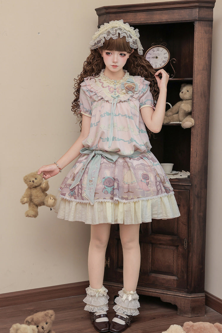 Brown Dollhouse Short Sleeves Bear Printed Ruffled Bow Sweet Lolita Dress Set - Pink