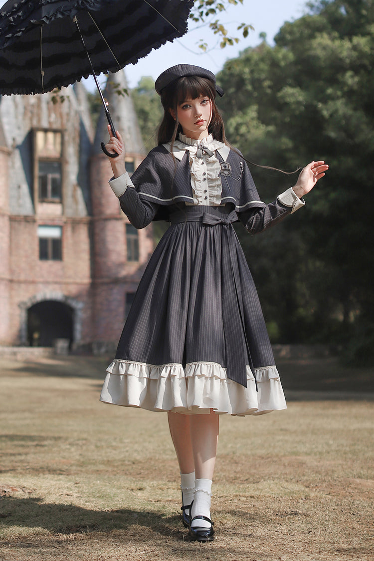Striped Ruffle Bowknot Long Sleeve College Style Lolita Dress Dark Blue