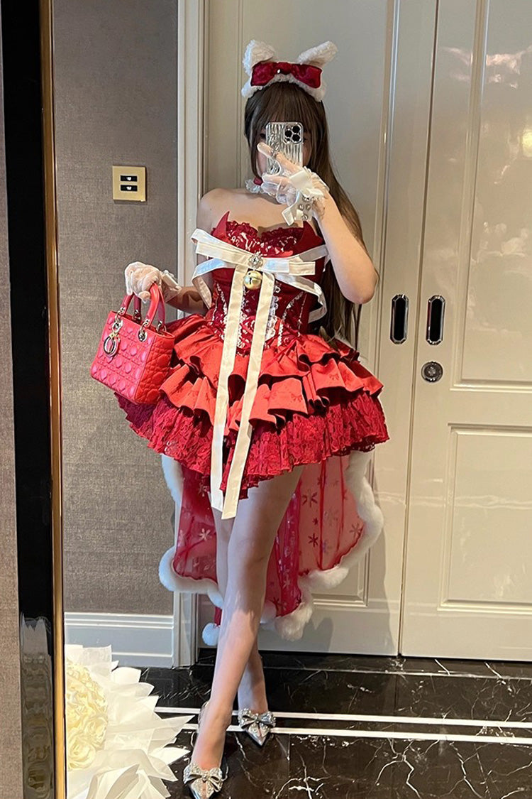 Red Sleeveless Triple-Layered Ruffle Hollow Bow Lace-Up Ballet Dress