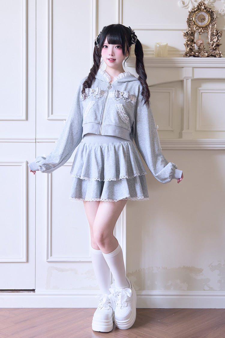 Hooded Bow Lace Hoodie & Skirt - Jirai Kei Set