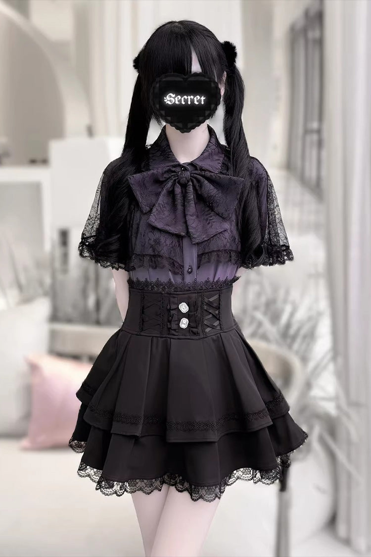 Dark Moon Shadow Double Layered Ruffled Embroidered Lace Up Gothic Lolita Set