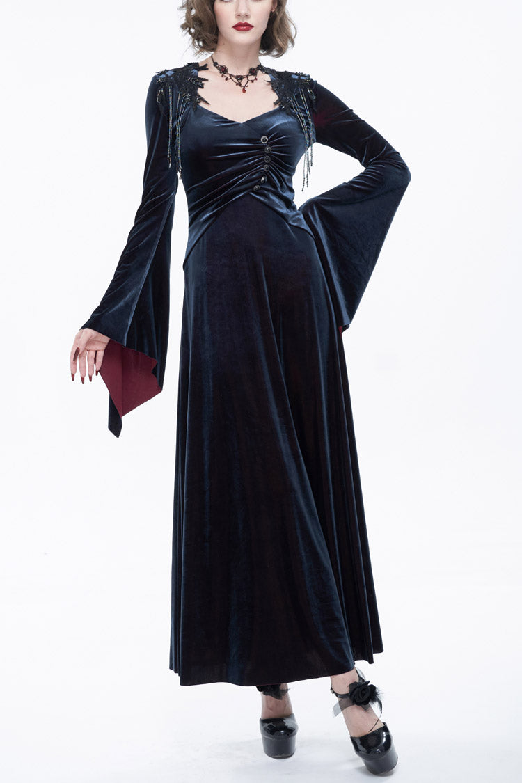 Scarlet & Black Fringe Bell-Sleeve Gothic Maxi Dress