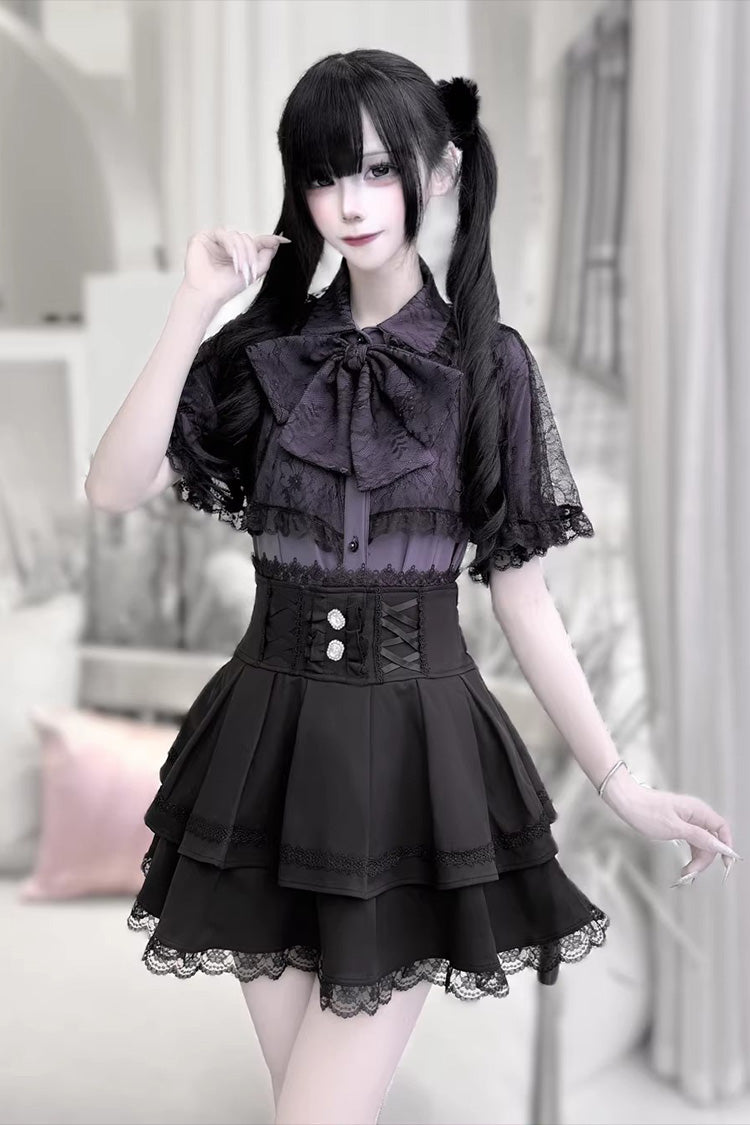 Dark Moon Shadow Double Layered Ruffled Embroidered Lace Up Gothic Lolita Set