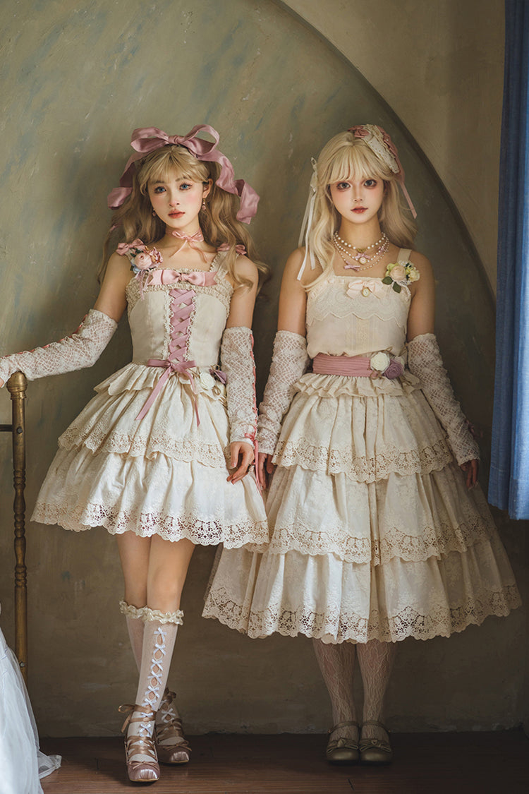 Cream Forest Waltz Embroidery Bow Lace-Up Slim Elegant Sweet Lolita Suspender Top