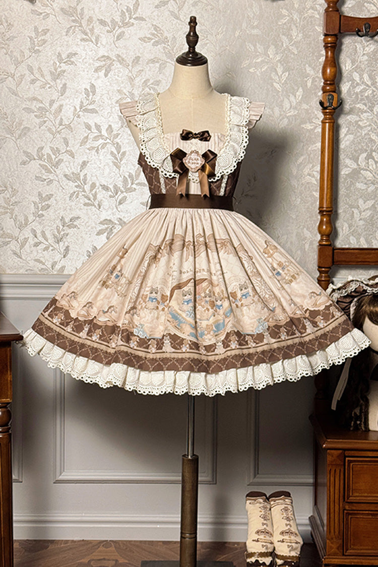 Fairy Tale Sleeveless Ruffle Bow JSK Dress with Print - Two Tones