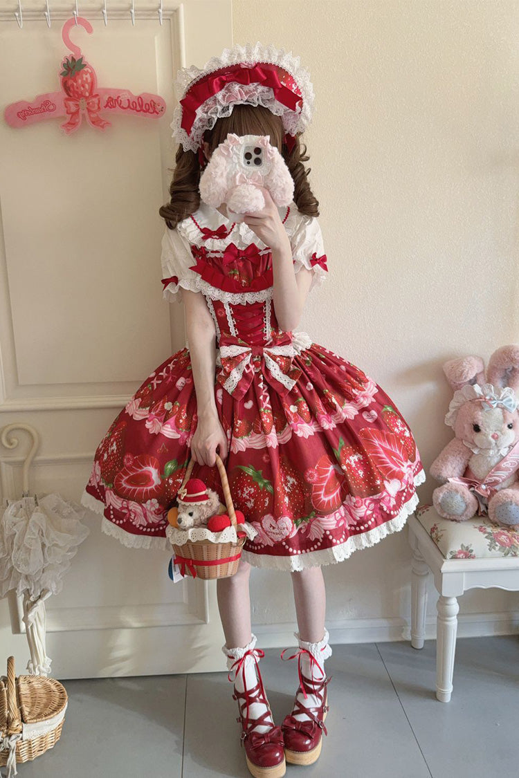 Strawberry Print Ruffled Bow Lace Sweet Lolita JSK