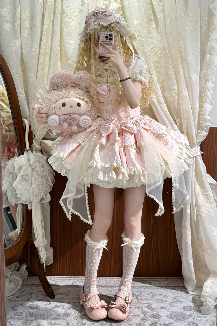 Pink Sleeveless Multi-Layer Ruffle Bow Princess Ballet Sweet JSK Dress