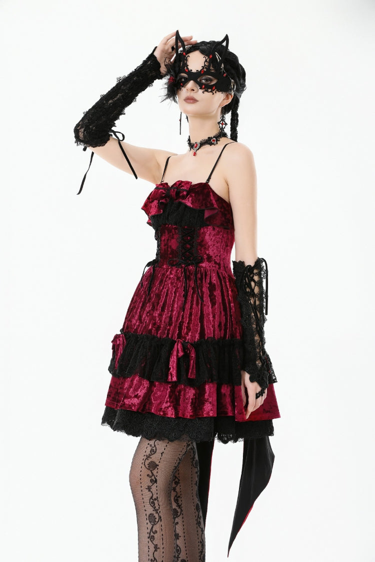 Wine Red Corset Lace-Up Velvet Irregular Tail Lolita Gothic Mini Dress
