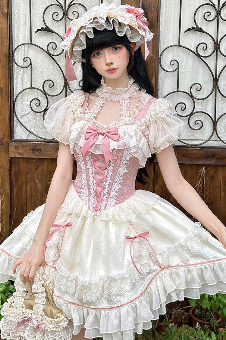 White & Pink Secret Garden Multi-Layer Ruffled Bow Lace-Up Sweet Princess Lolita JSK