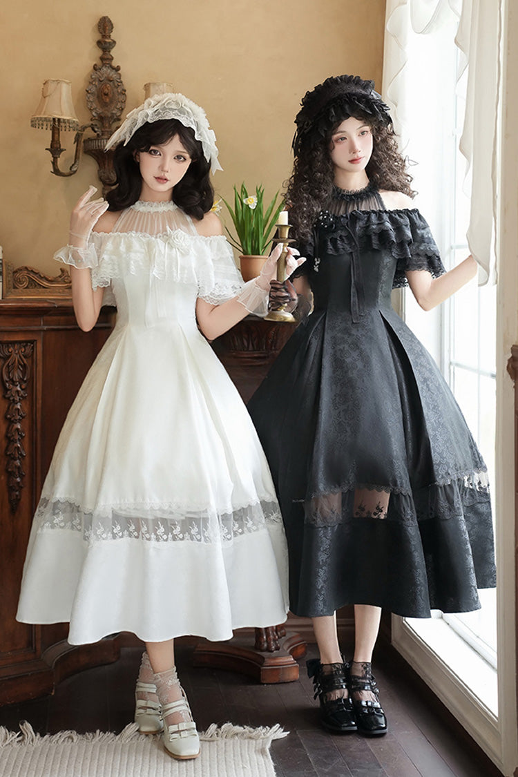 Ivory Off Shoulder Halter Print Ruffle Gothic Elegant Dress