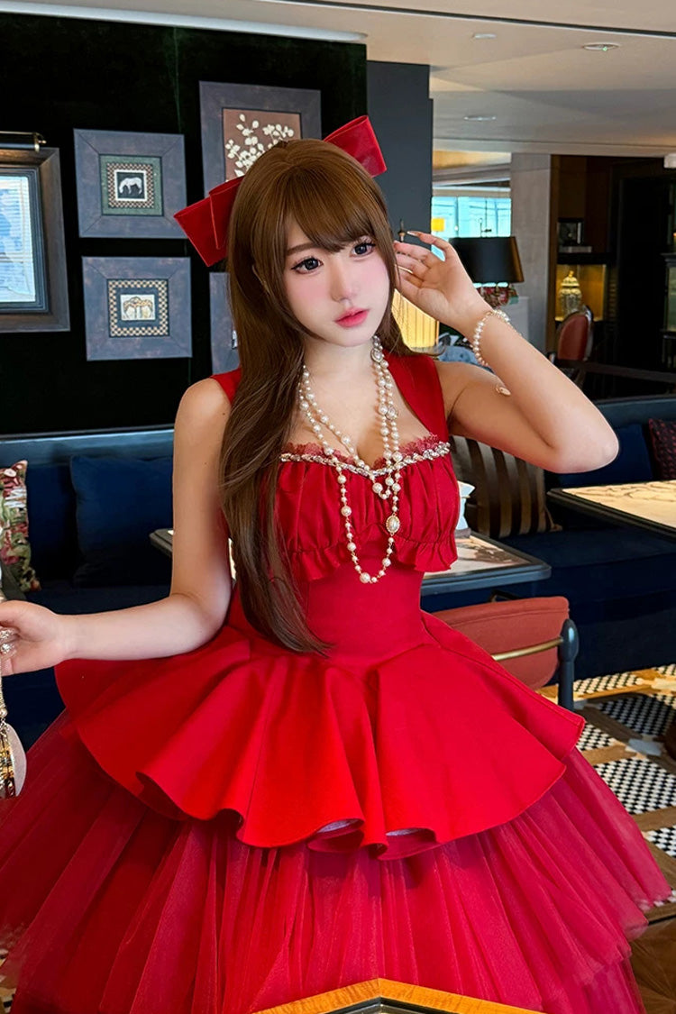 Square Collar Ballet Lolita Dress - Romantic Rose