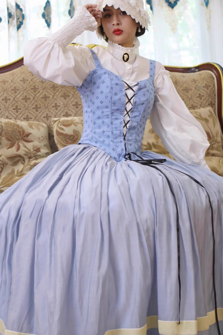 Light Blue Puffed Sleeve Corset Dress with Lace-Up and Fishbone Detail