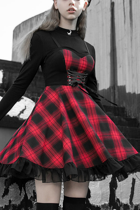 Lattice Plaid Stitching Binding Steam Punk Strap Dress