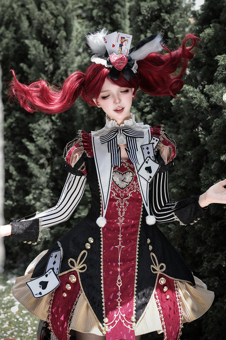 Black/Red Stand Collar Gothic Dress Set with Jacquard