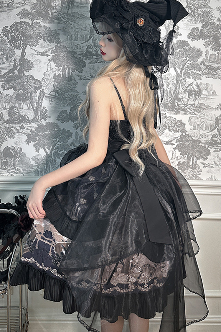 Black The Mystery of The Doll Halterneck Printed Ruffle Bowknot Drawstring Gothic Lolita Dress