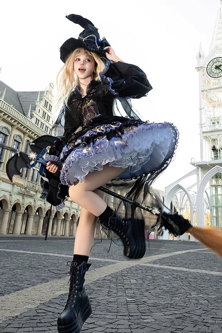 Black Long Sleeve Double Print Ruffle Lace Gothic Lolita Dress