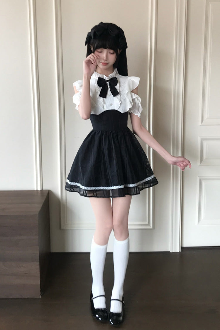 Moonlit Poem Stand Collar Off Shoulder Short Sleeves High Waisted Ruffled Bow Lace Sweet Princess Lolita Dress - Black/White