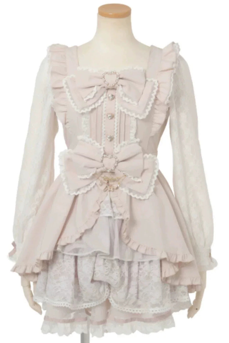 Cute Square-Neck Bow-Trimmed Short-Sleeve Lace Dress Set in Three Colors
