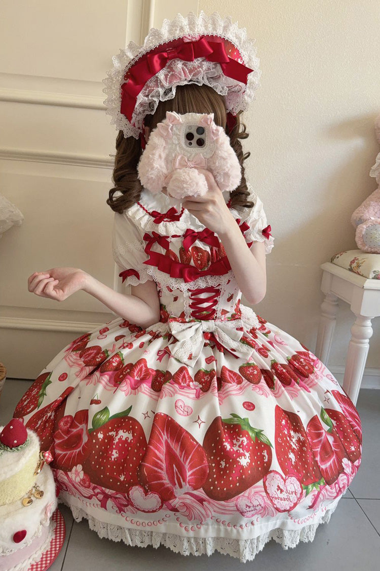 Strawberry Print Ruffled Bow Lace Sweet Lolita JSK