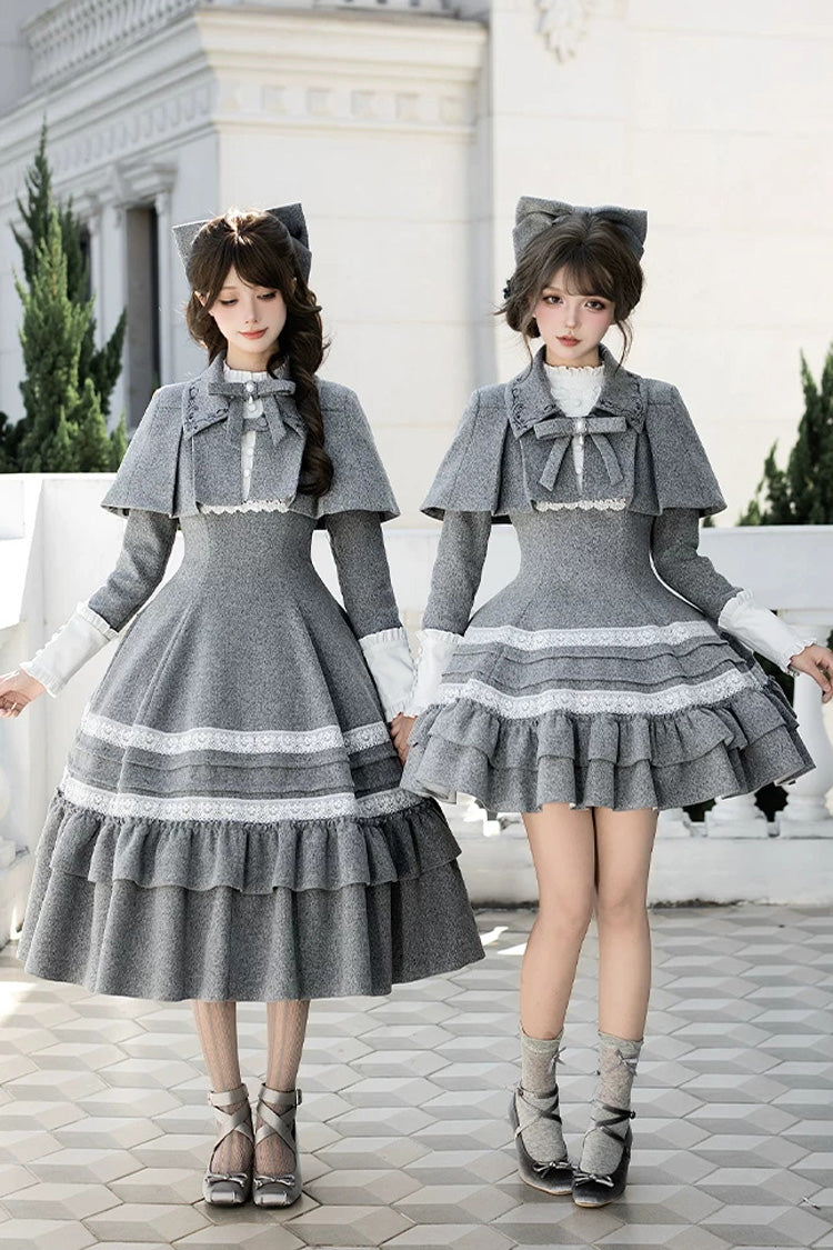 Classic Elegant Lolita Dress with Stand Collar and Ruffled Bow - Grey