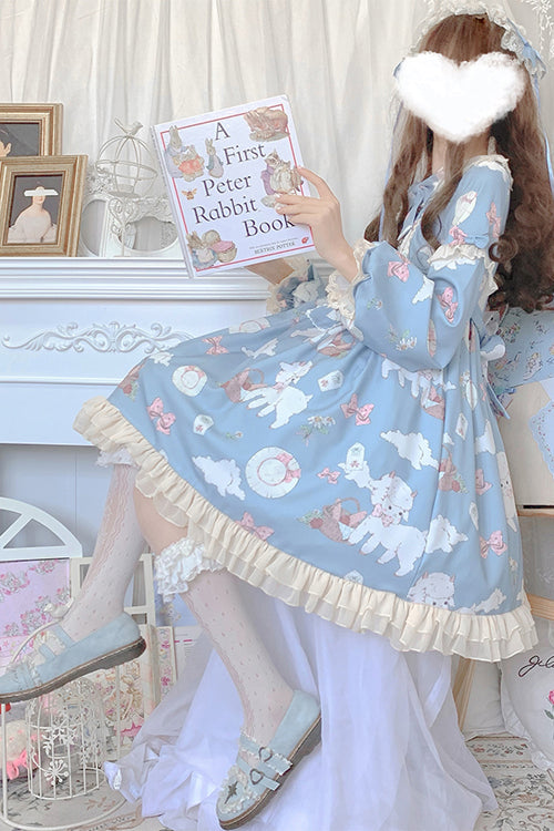 Sweet Lolita OP Dress with Sheep Print and Lantern Sleeves