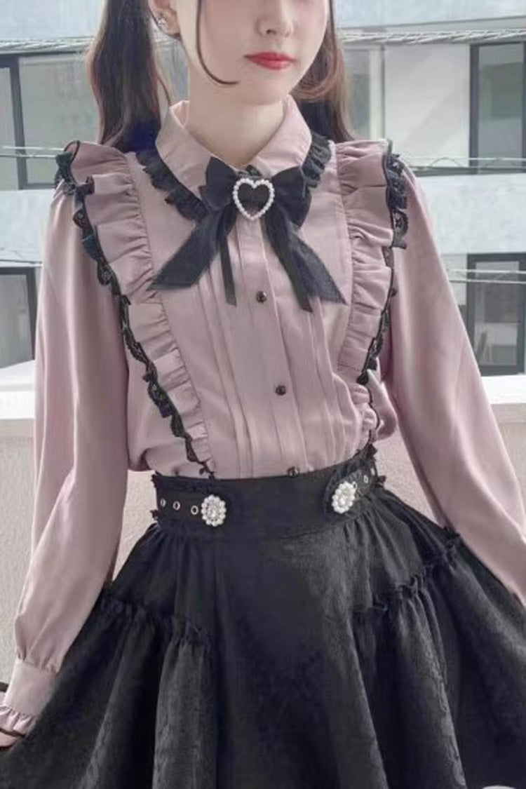 Pink Lace Bowknot Blouse with Doll Collar and Long Sleeves