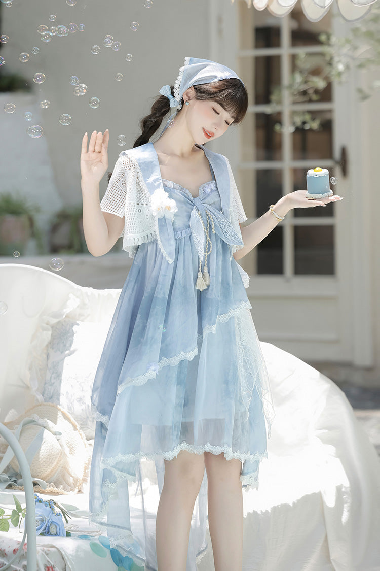 Print Ruffle Embroidery Bow Lace Irregular Lolita Jumper Dress - Blue