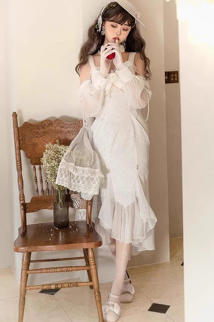 Camellia 1.0 White Sleeveless Jacquard Lace Sweet Fishtail JSK Dress
