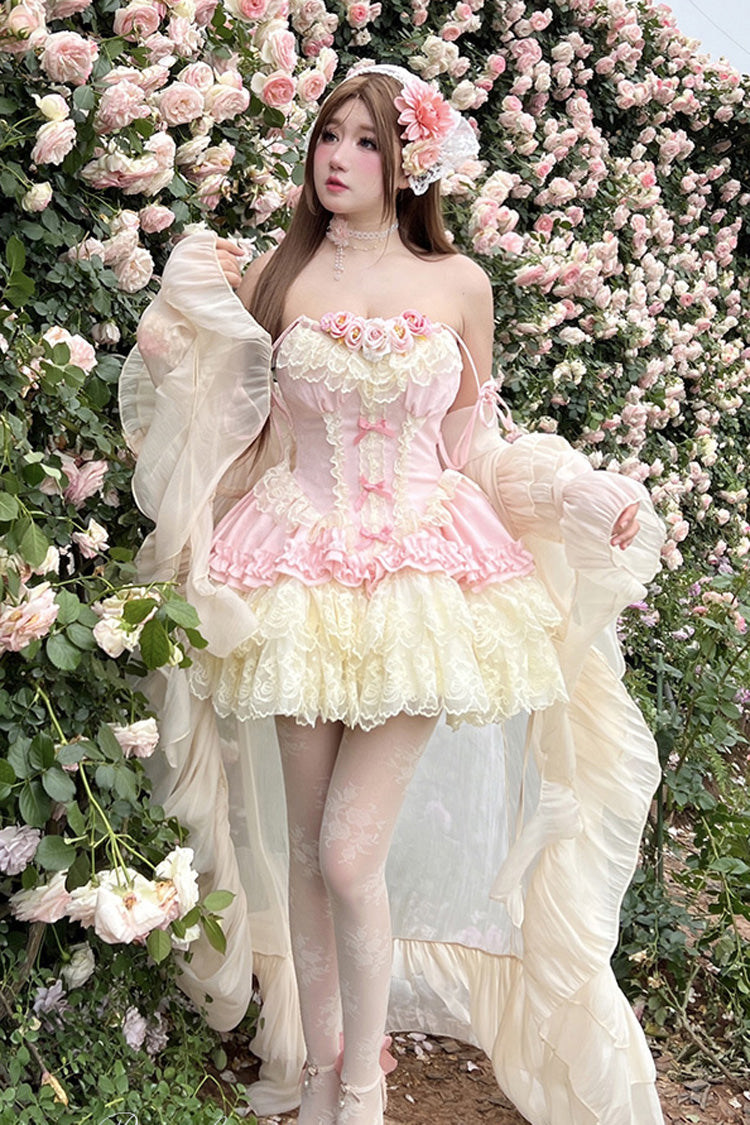 Pink Multi-Layered Ruffled Embroidered Bow Lace Sweet Lolita JSK Dress