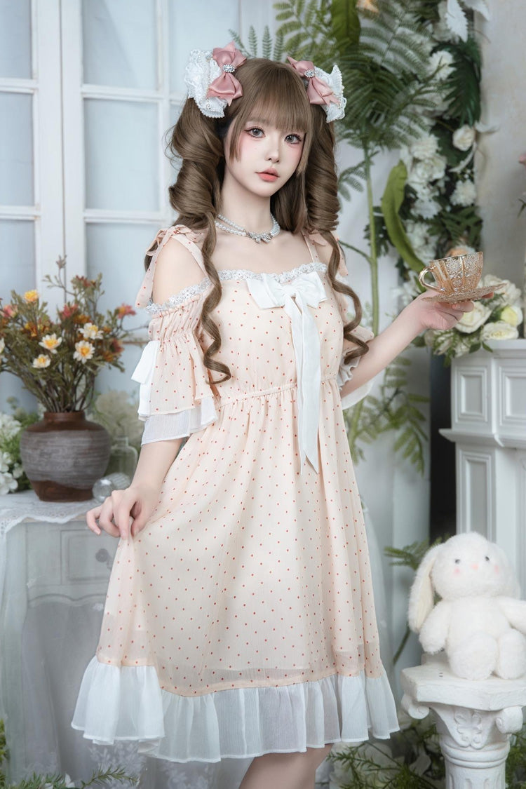 Off Shoulder Short Sleeve Polka Dot Printed Ruffled Bow Lace Palace Dress - Pink